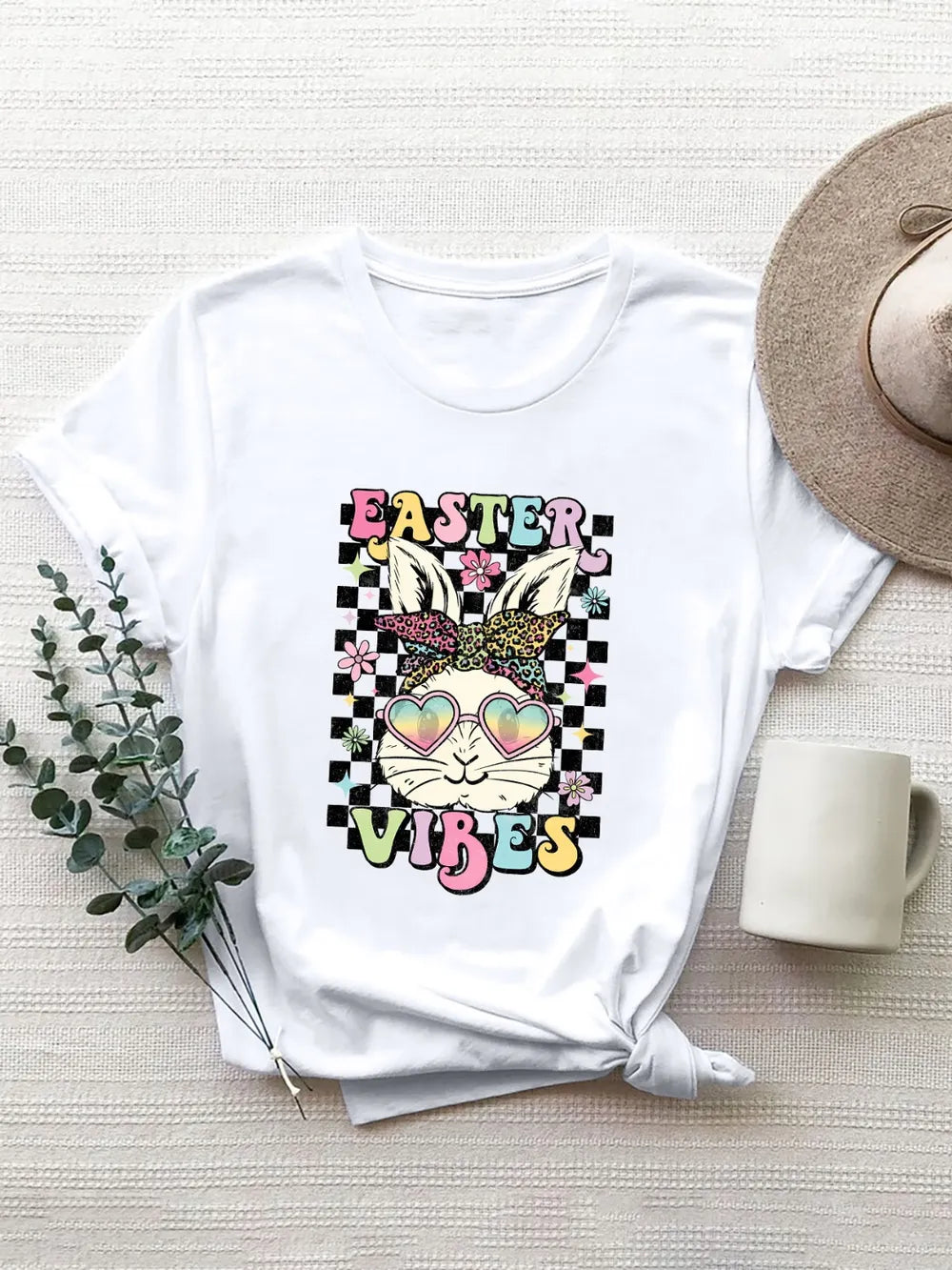 Easter Vibes Round Neck Short Sleeve T-Shirt in Aqua for Women