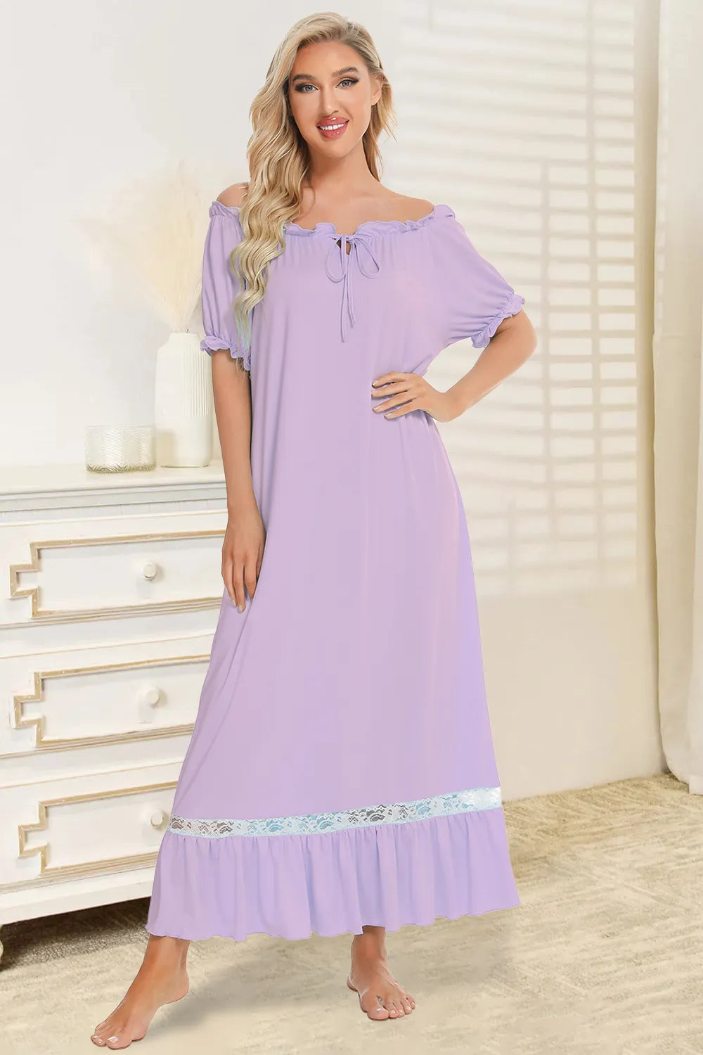 Lace Detail Short Sleeve Lounge Dress in Lilac for Women