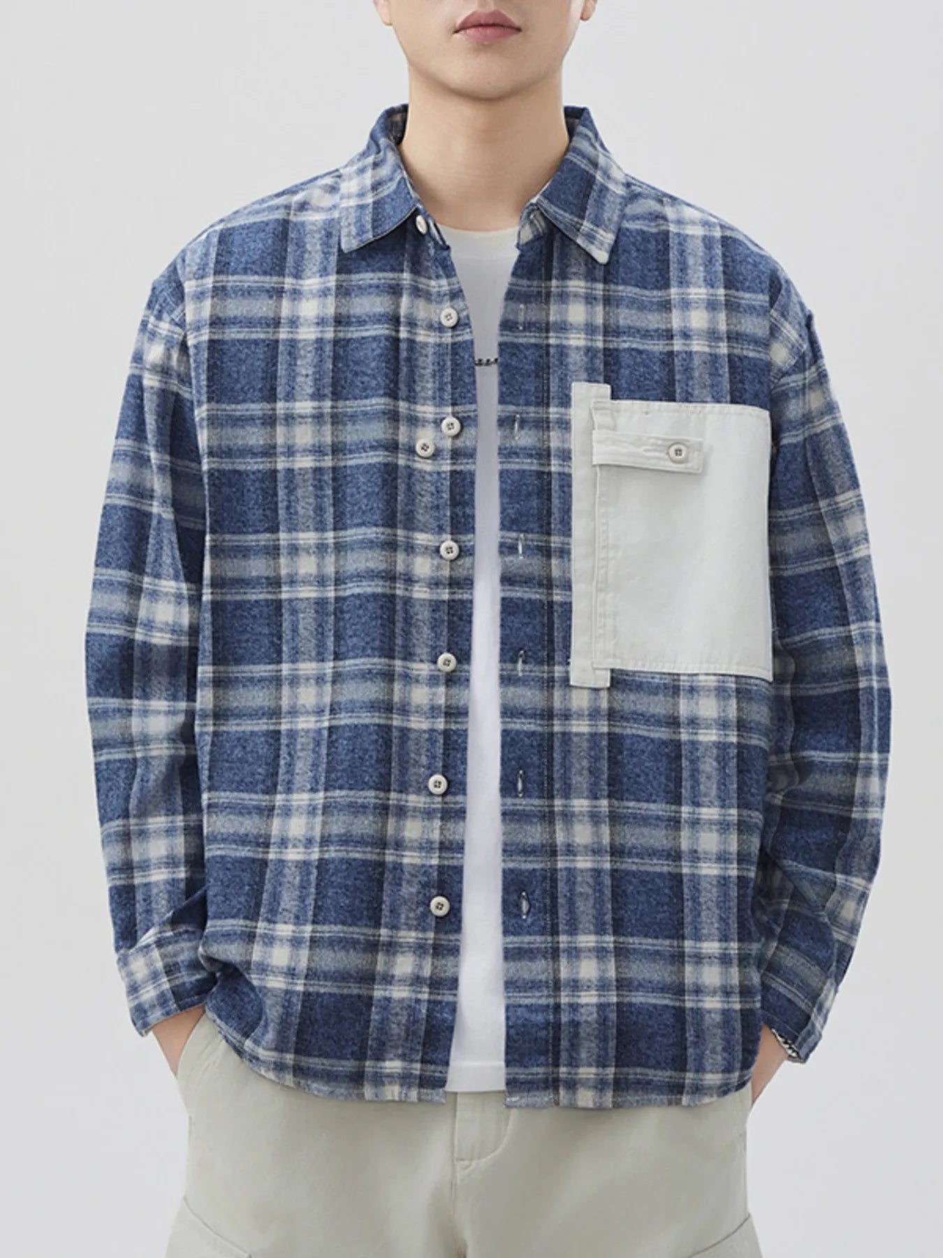 Plus Size Plaid Button Down Shirt with Contrast Pocket in Pink for Men