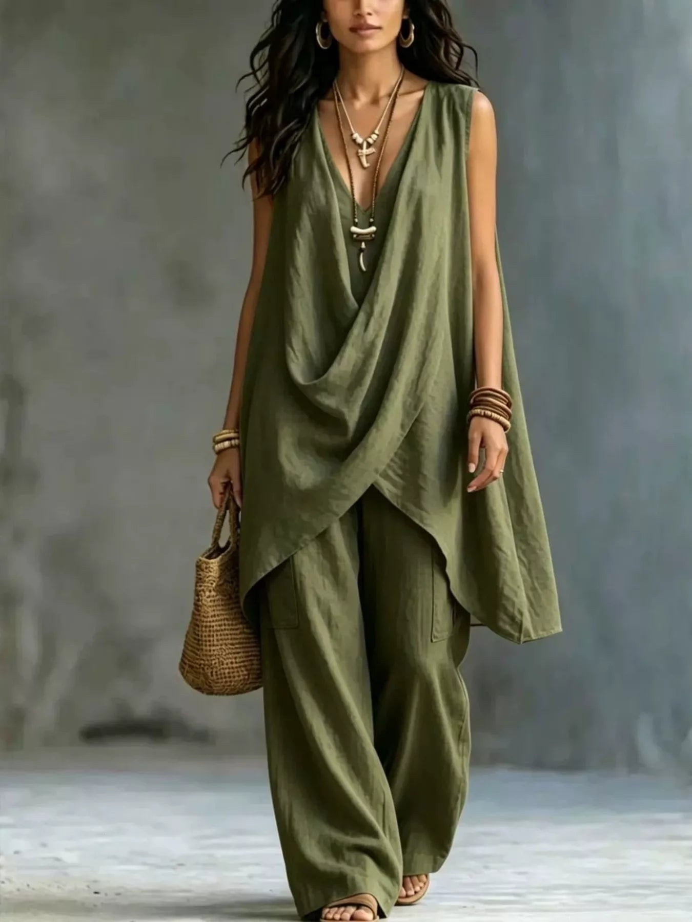 Sleeveless Asymmetrical Top and Wide Leg Pants Set in Black for Women