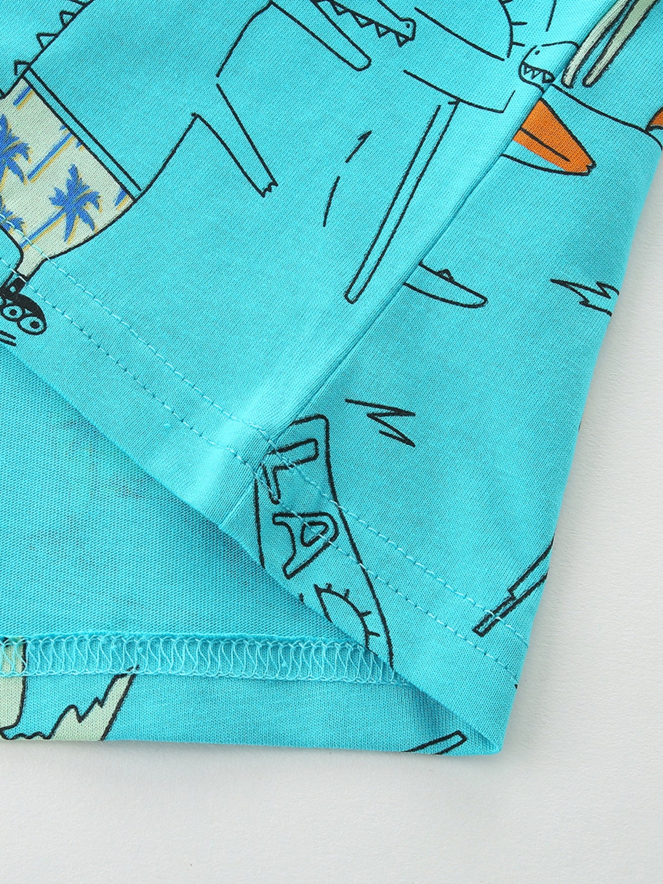 Cartoon Print Crew Neck Short Sleeve Tee in Aqua for Boys