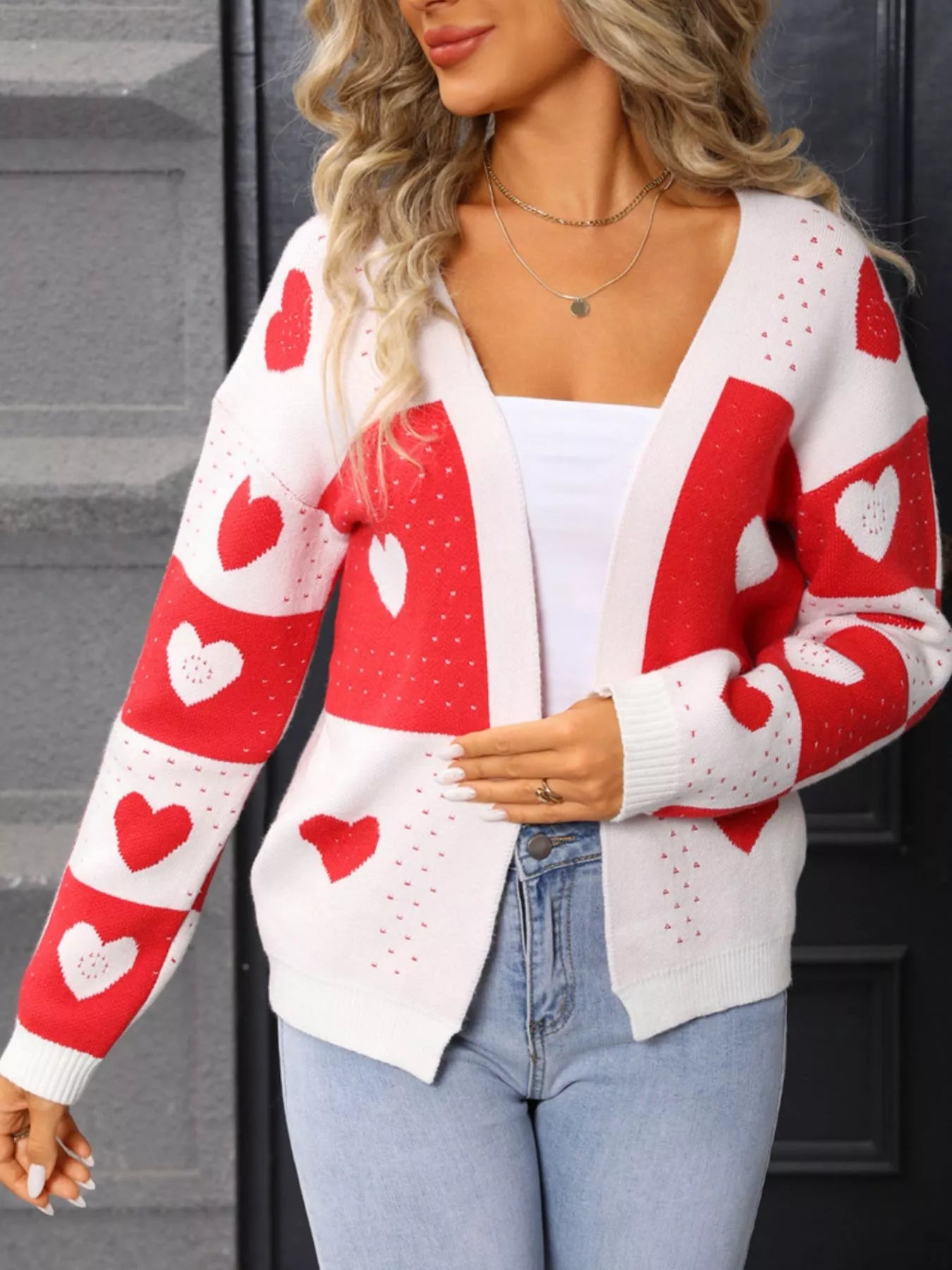 Valentines Day Heart Pattern Knit Cardigan for Women