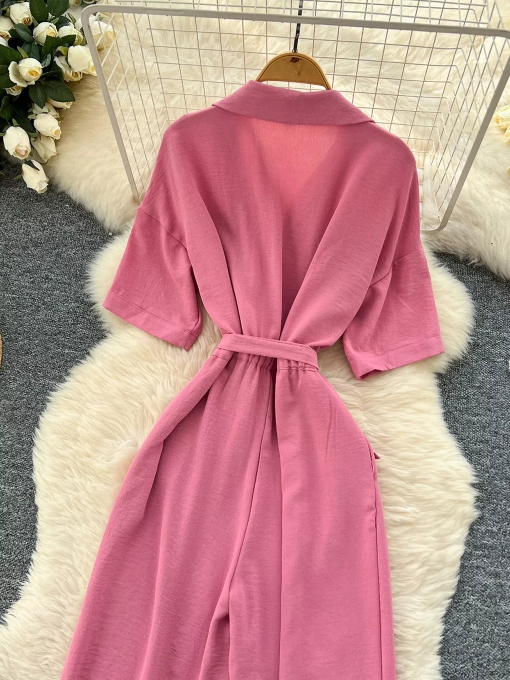 Pink Tie Waist Wide Leg Jumpsuit for Women