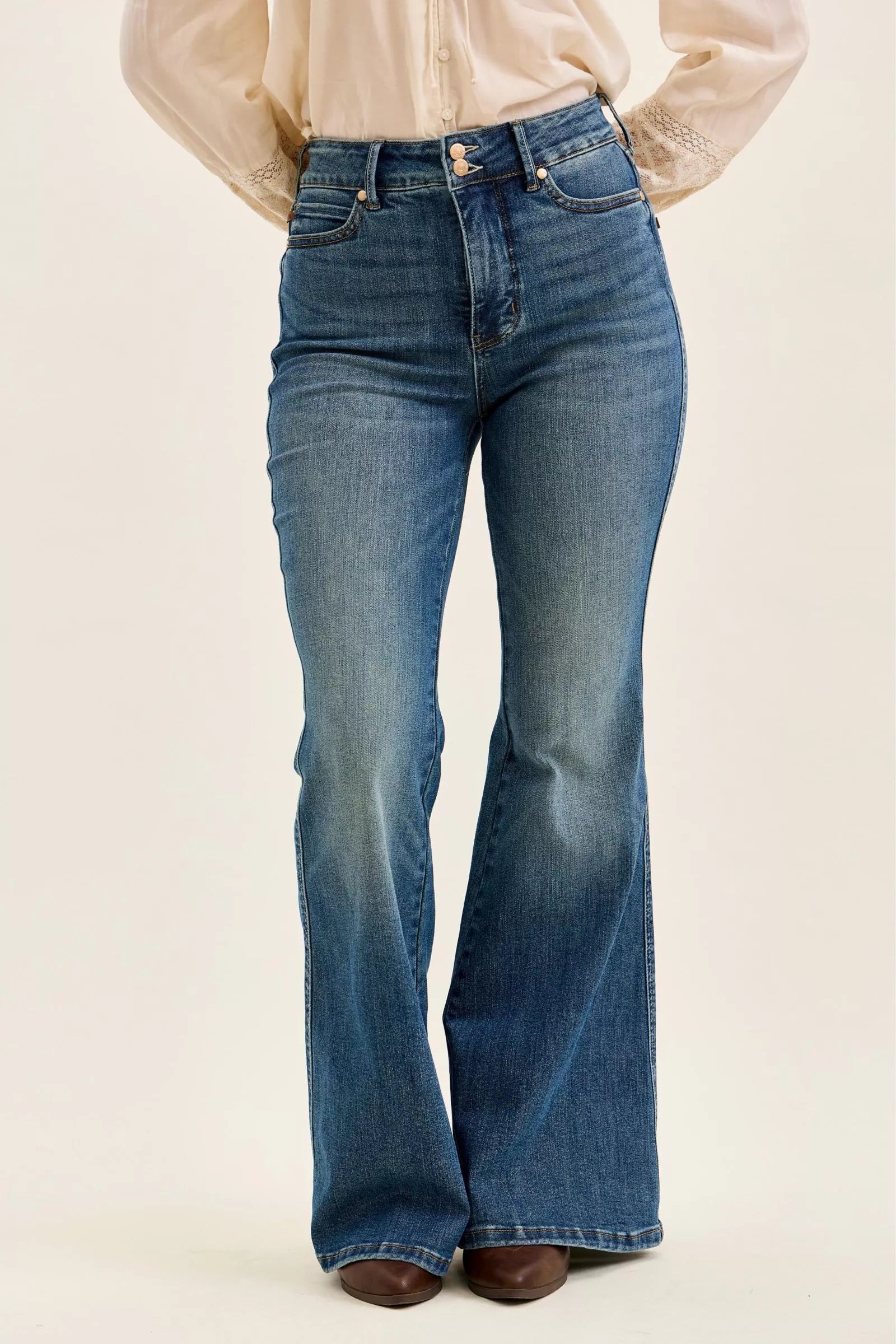 High Waist Double Button Tummy Control Flare Jeans in Dark for Women