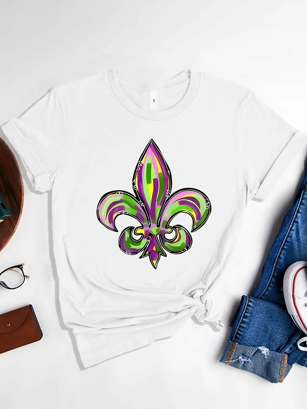 Mardi Gras Graphic Round Neck Short Sleeve T-Shirt in White for Women