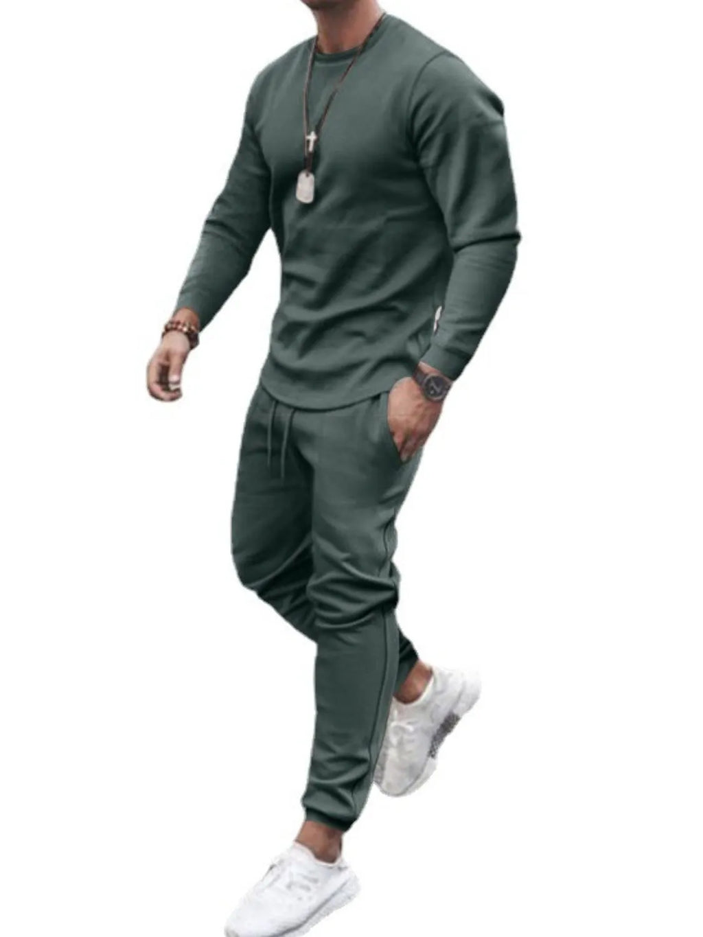 Round Neck Long Sleeve Top and Pants Set Plus Size in White in Black for Men