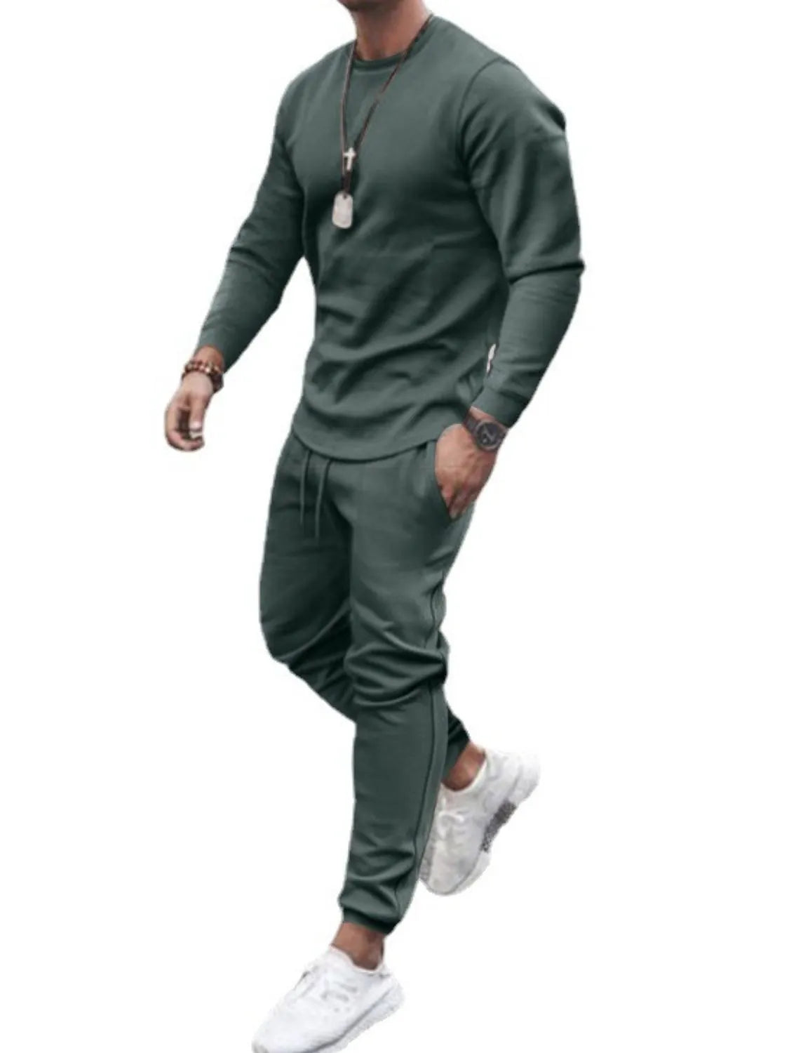 Round Neck Long Sleeve Top and Pants Set Plus Size in White in Black for Men
