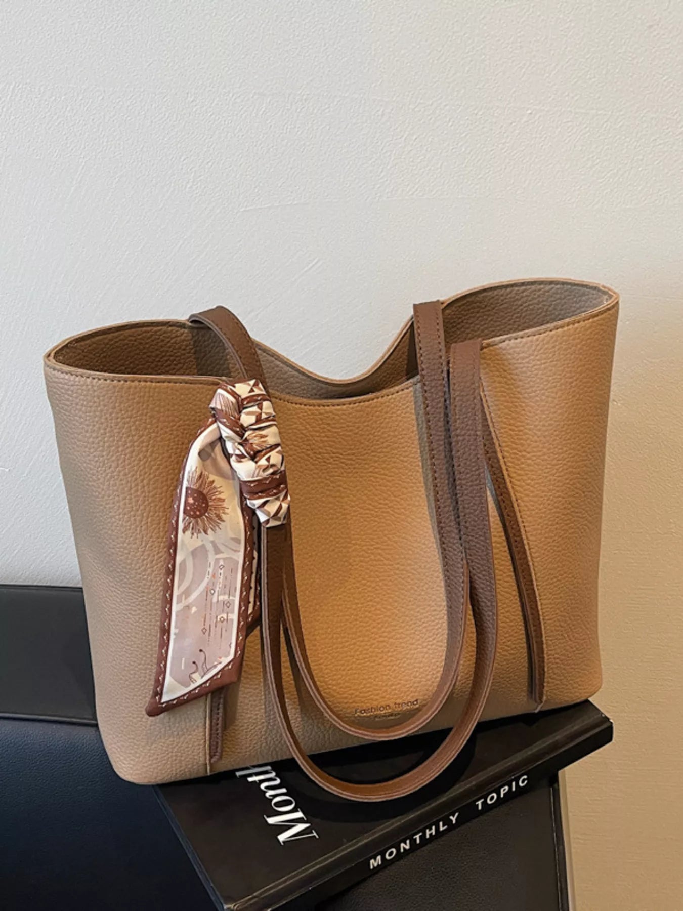PU Leather Tote Bag in Khaki for Women