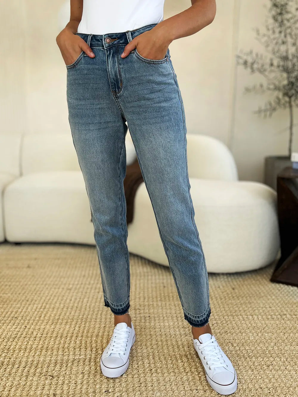 Plus Size Mid Rise Rigid Magic Release Hem Jeans in Medium for Women