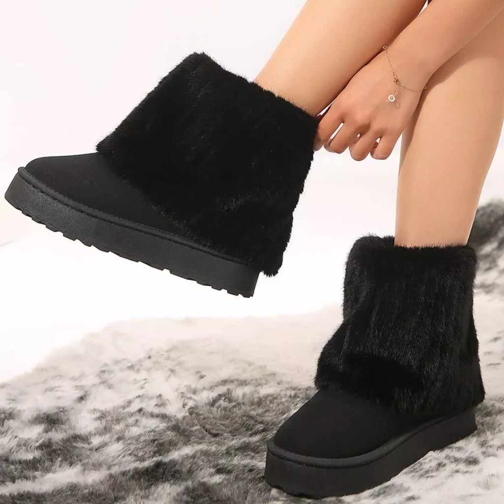 Fuzzy Round Toe Platform Boots in Camel for Women