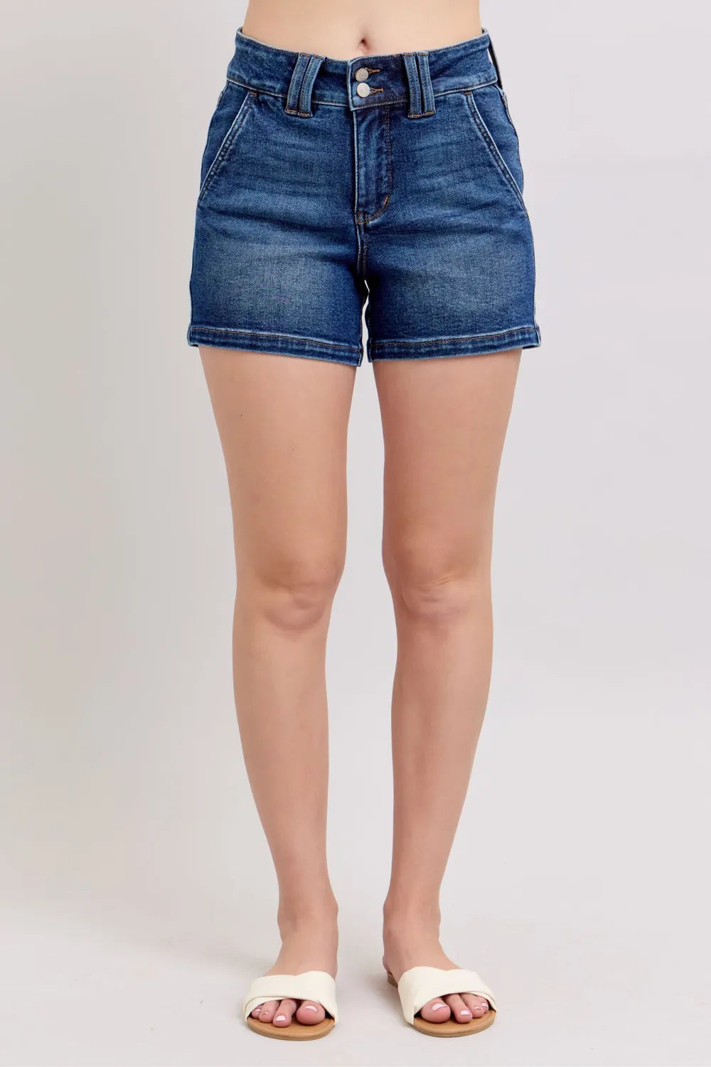 Double Button Waistband Denim Shorts Plus Size in Dark for Women