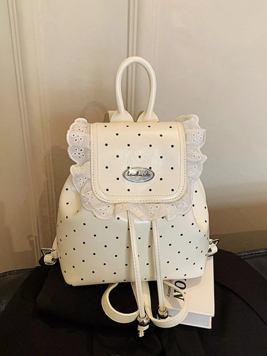Polka Dot Lace Trim Backpack Bag in Cream for Women