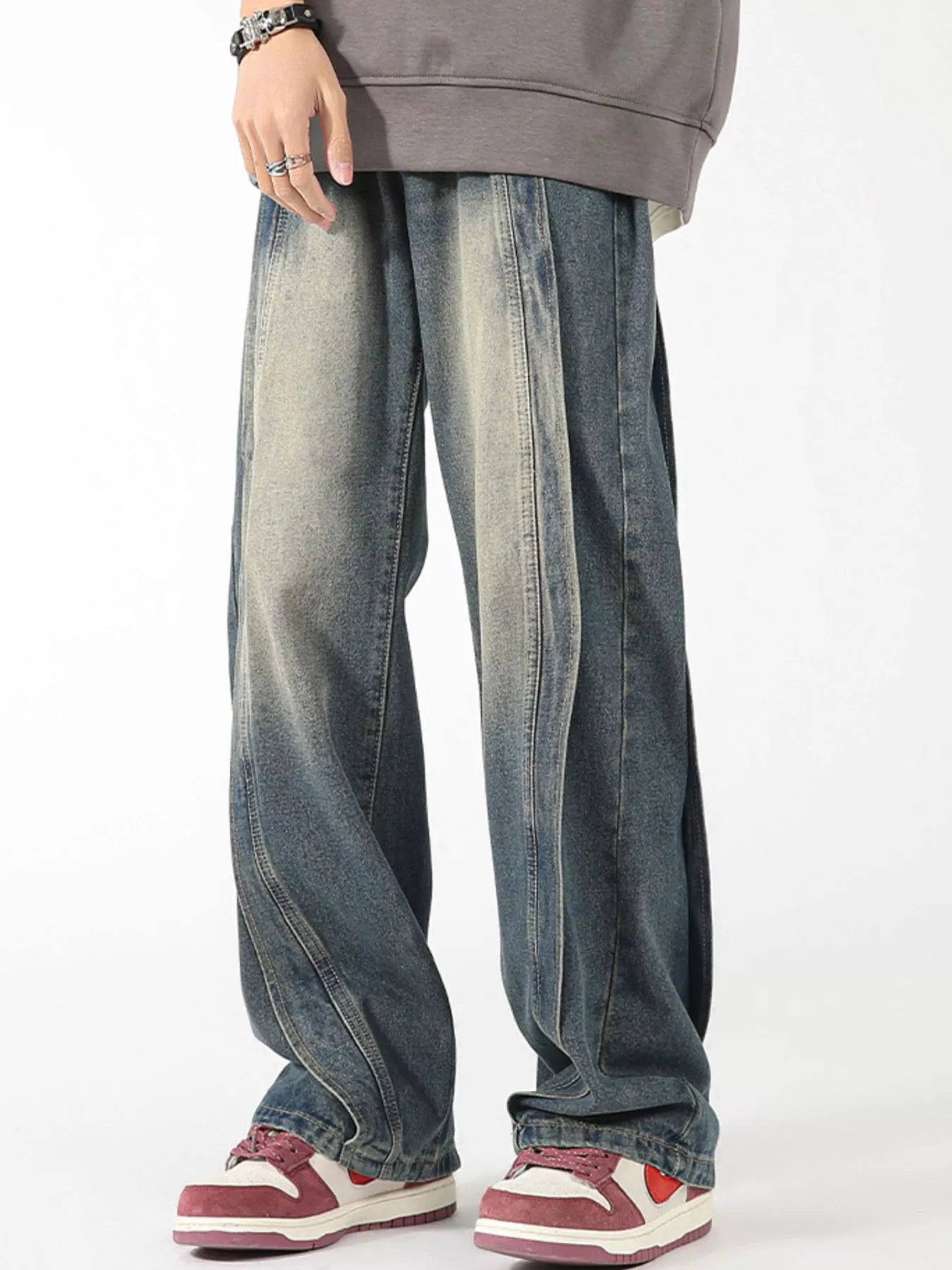 Plus Size Vintage Wash Wide Leg Jeans in Black for Men