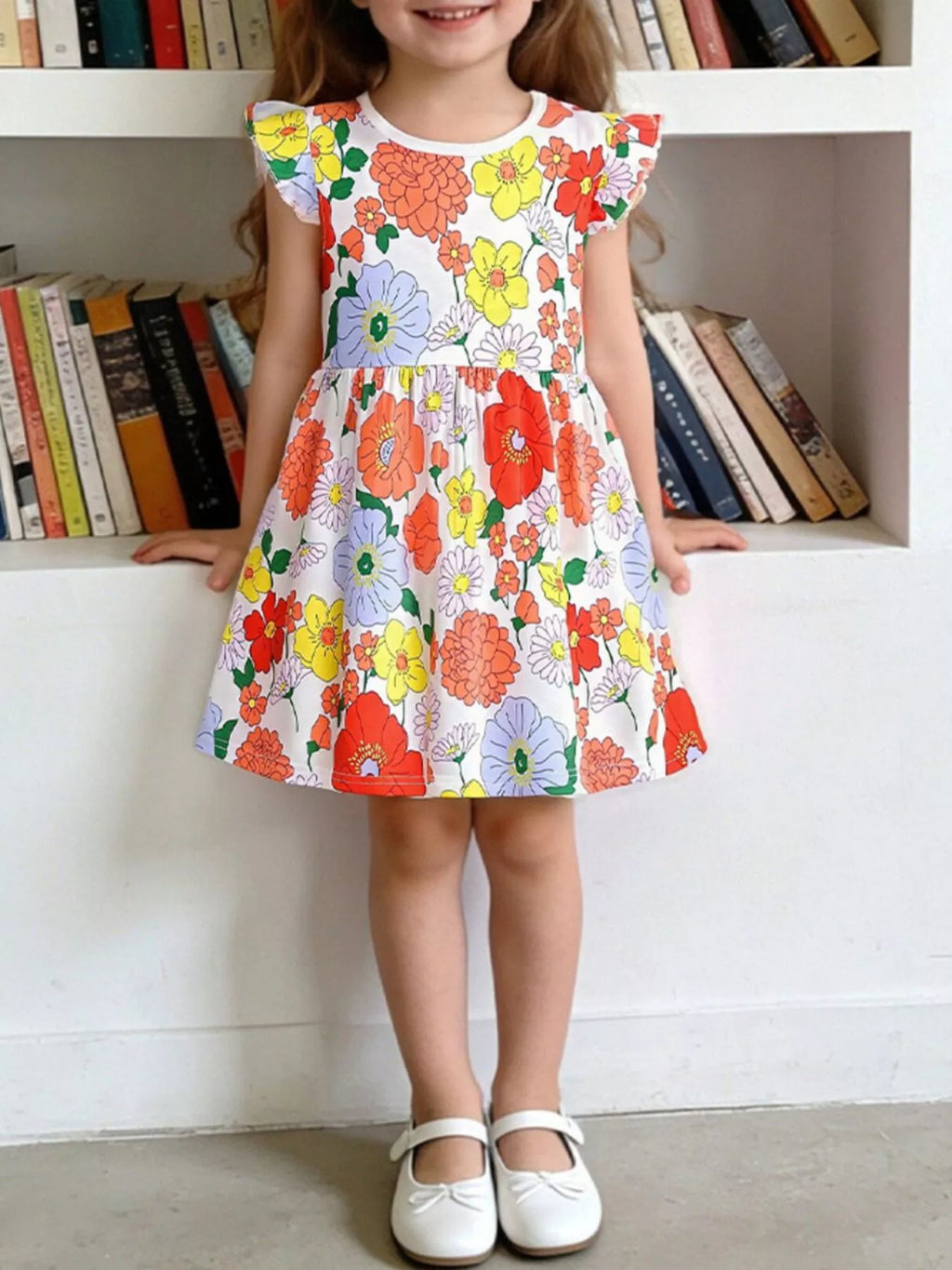 Floral Print Ruffle Sleeve Casual Dress in Multicolor for Girls