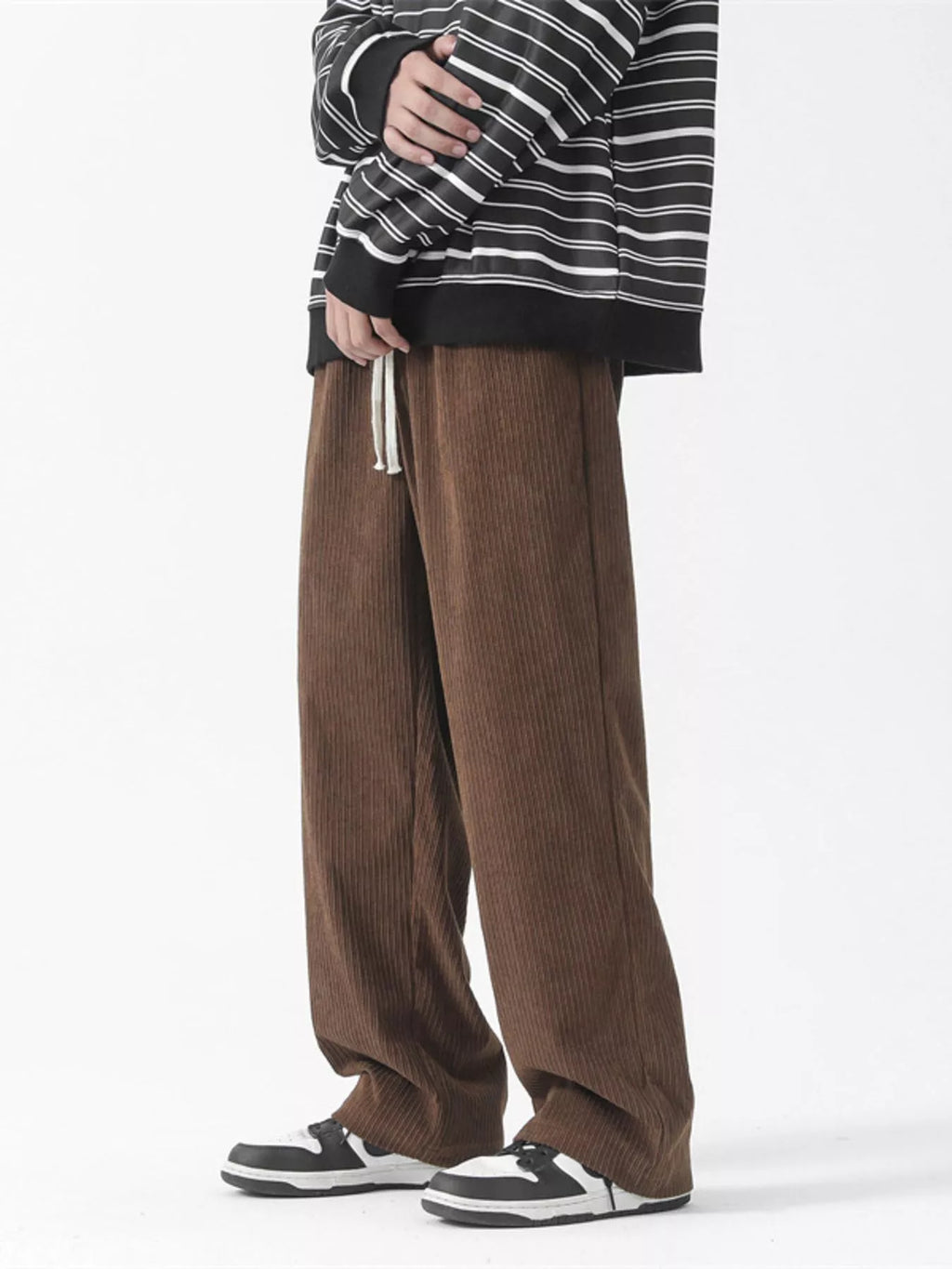 Drawstring Wide Leg Corduroy Pants Plus Size in Black for Men