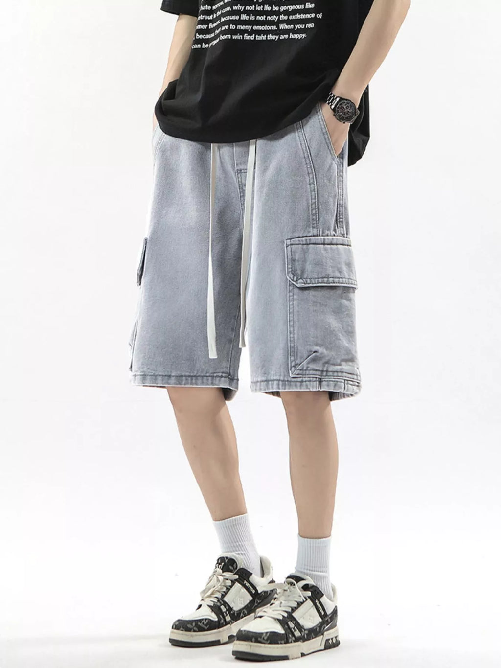Wash Drawstring Cargo Shorts Plus Size in Cement Gray for Men