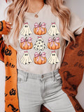 Halloween Bowknot Ghost Pumpkin Graphic T-Shirt in Tan for Women