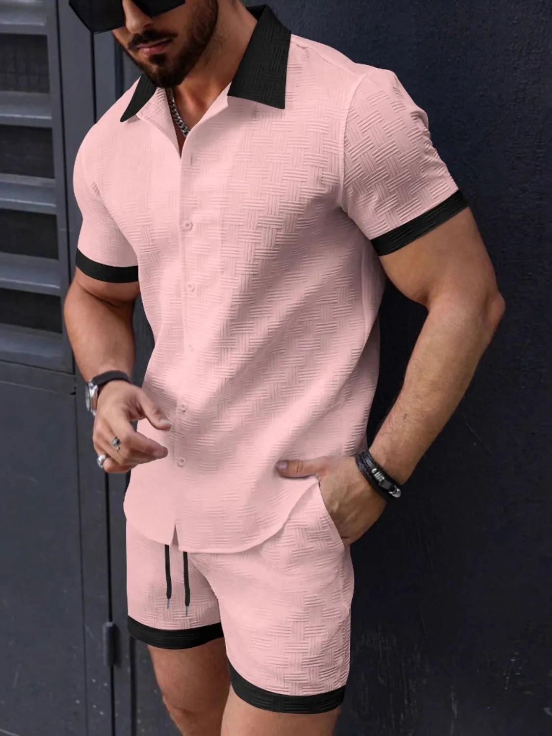 Button Up Short Sleeve Shirt and Shorts Set in White for Men