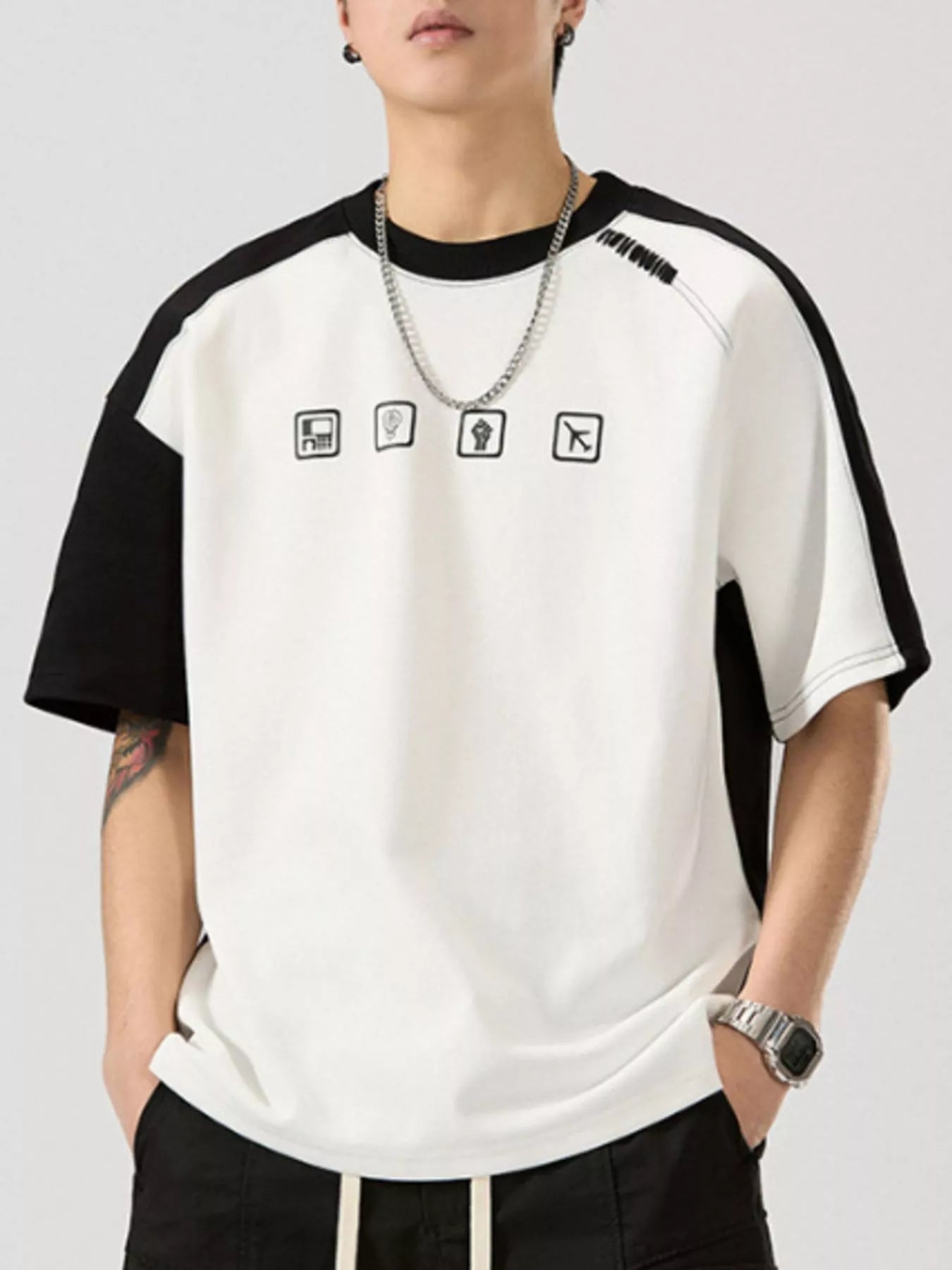 Contrast Sleeve Casual T-Shirt Plus Size in Ivory for Men