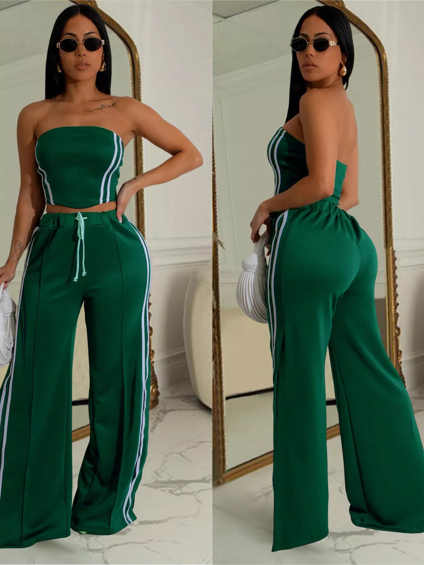 Sleeveless Tube Top and Wide Leg Pants Set in Scarlet for Women