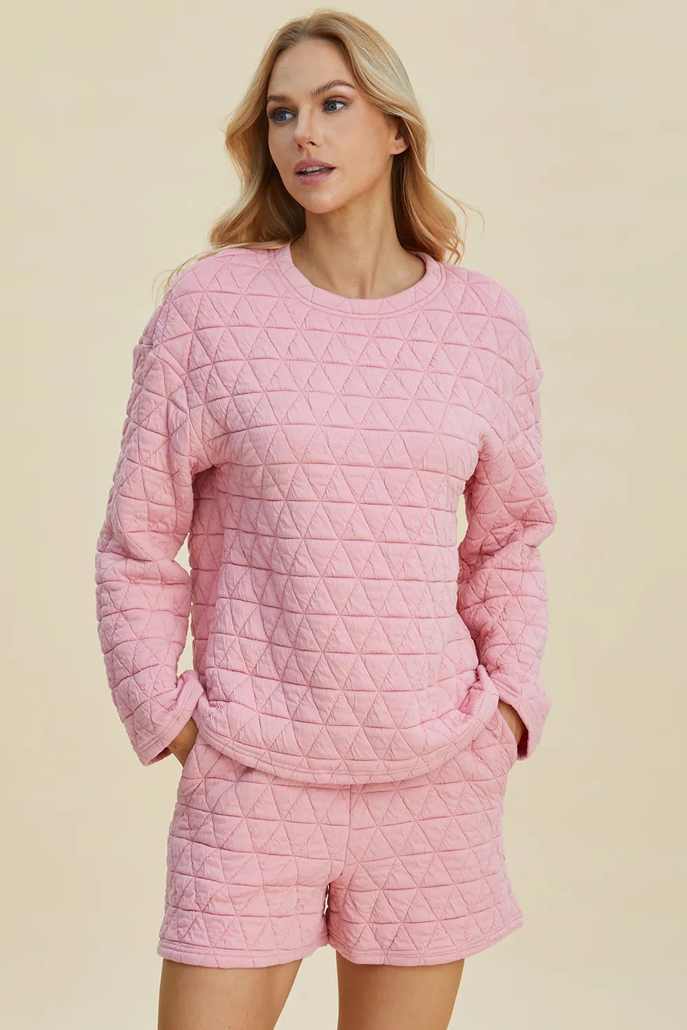 Plus Size Texture Round Neck Long Sleeve Top and Shorts Set in Pink for Women