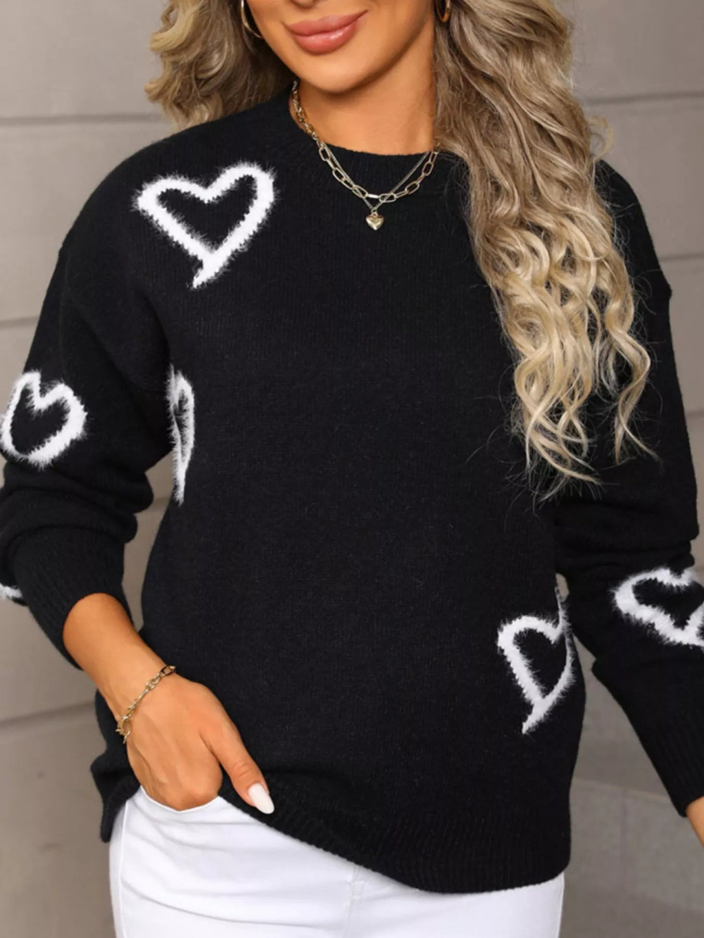 Valentines Day Heart Print Crew Neck Sweater in Black for Women
