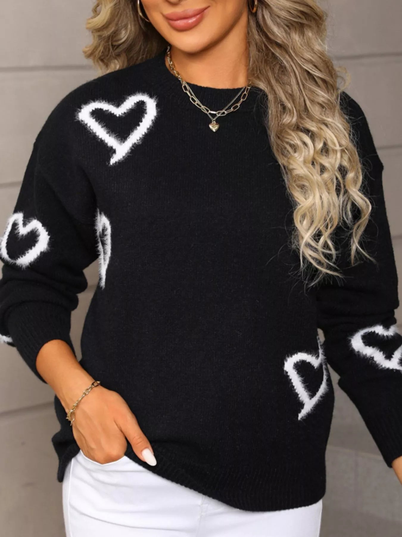 Valentines Day Heart Print Crew Neck Sweater in Black for Women