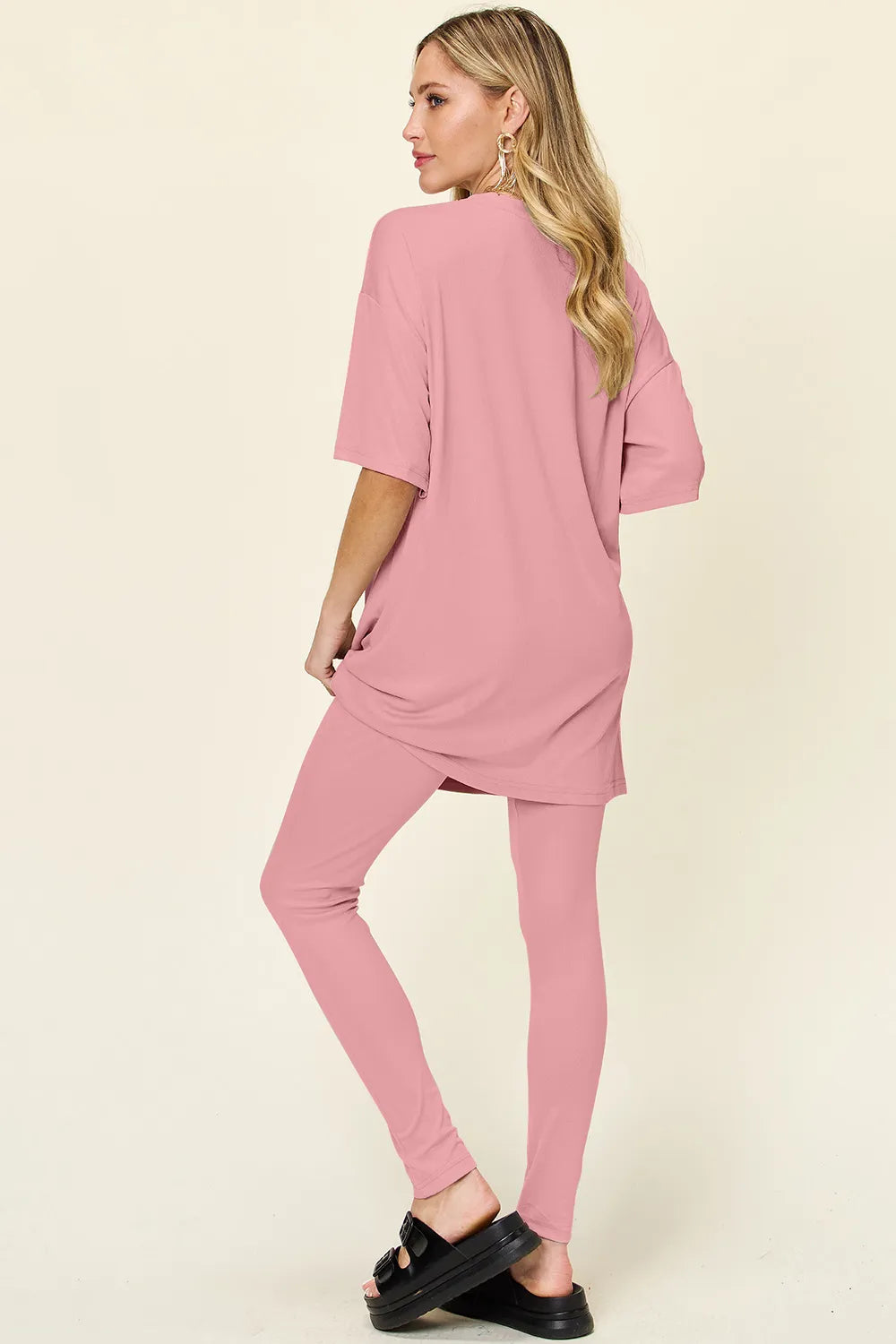 Plus Size Round Neck Dropped Shoulder T-Shirt and Leggings Set in Dusty Pink for Women