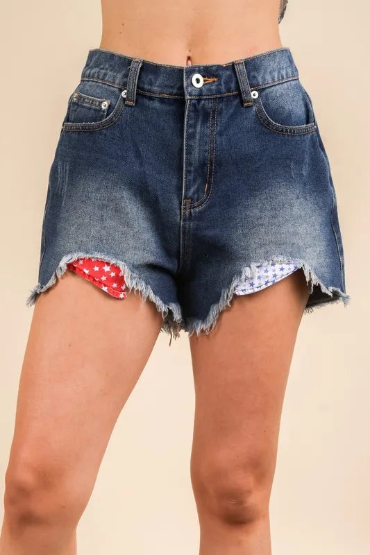 Raw Hem Pocketed Contrast Washed Denim Shorts for Women