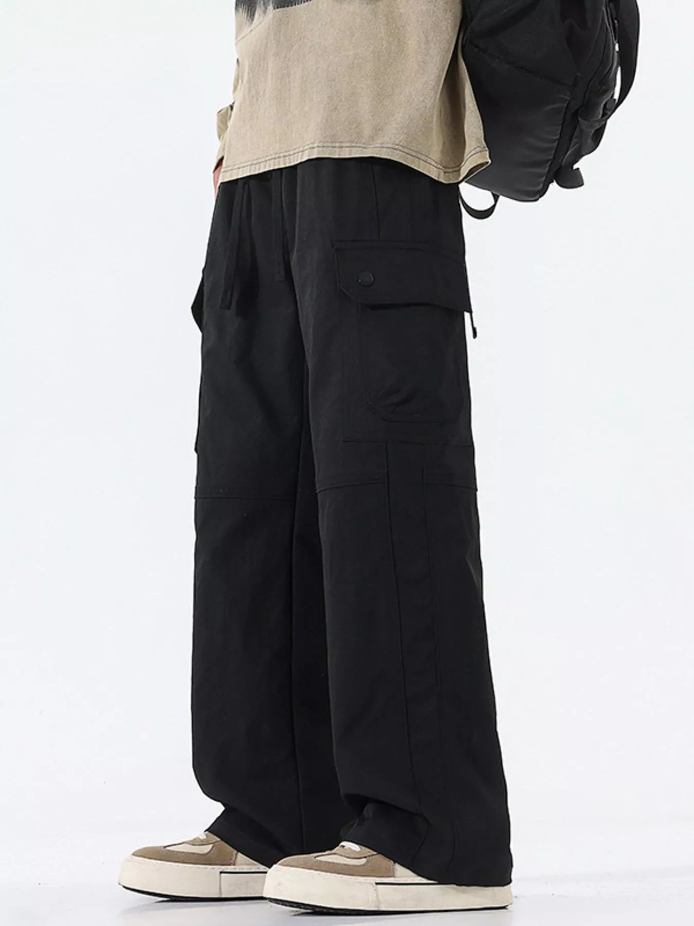 Drawstring Cargo Wide Leg Pants Plus Size in Coffee for Men
