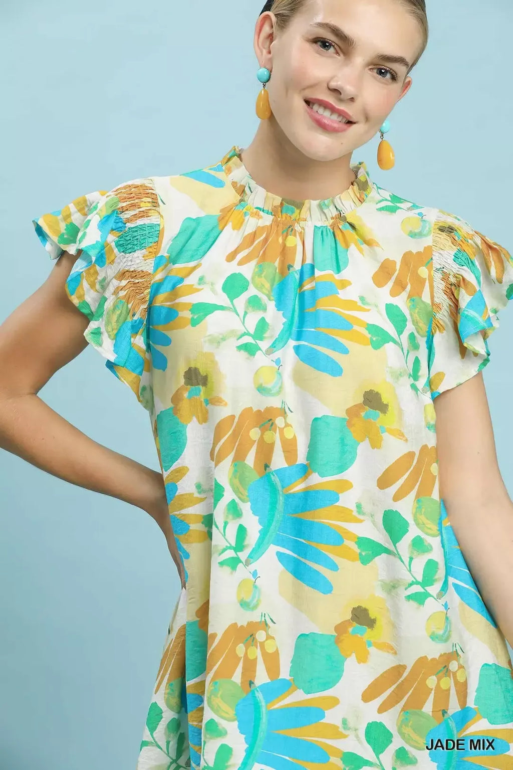 Ruffled Botanical Print Mini Dress in Jade Mix for Women