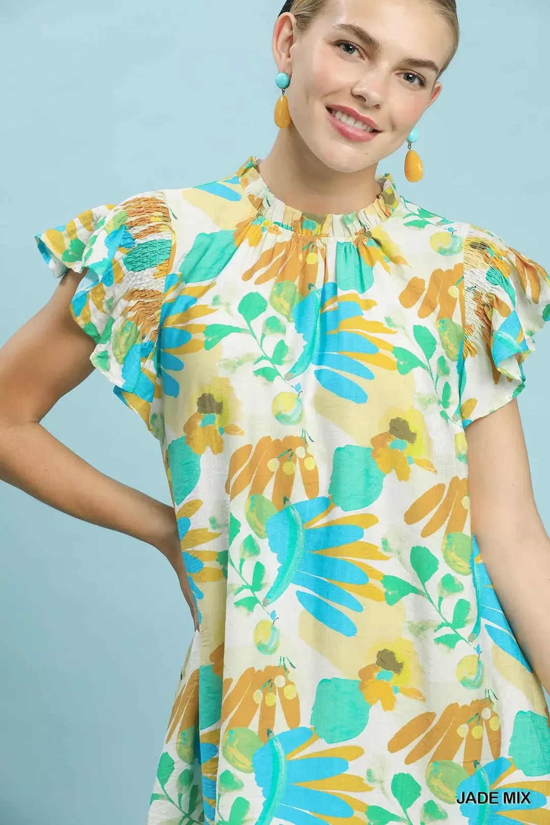 Ruffled Botanical Print Mini Dress in Jade Mix for Women