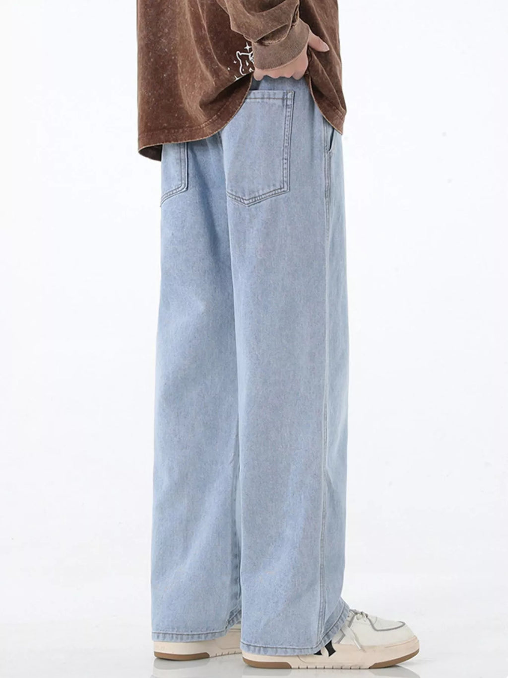 Plus Size Wide Leg Drawstring Jeans in Light Blue for Men