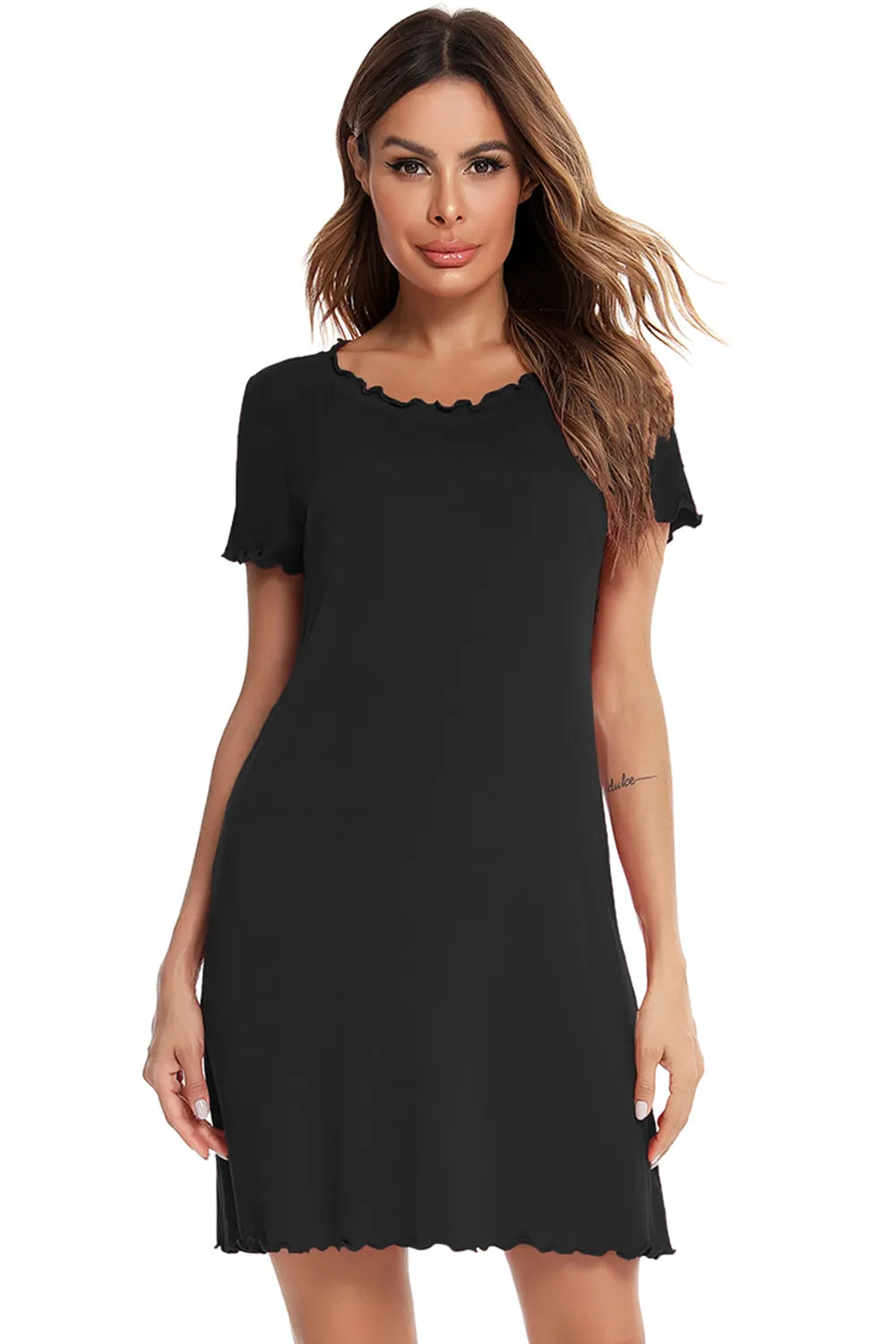 Round Neck Short Sleeve Lounge Dress in Black for Women