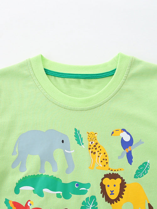 Animal Print Round Neck T-Shirt in Neon Green for Boys