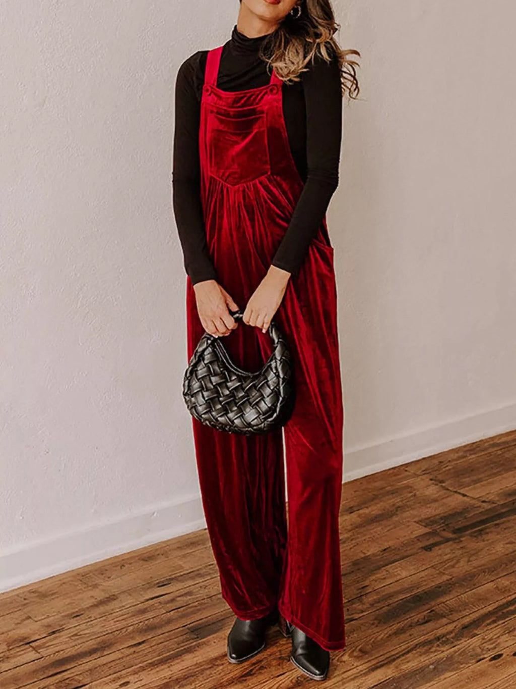 Velvet Wide Leg Overalls in Burgundy for Women