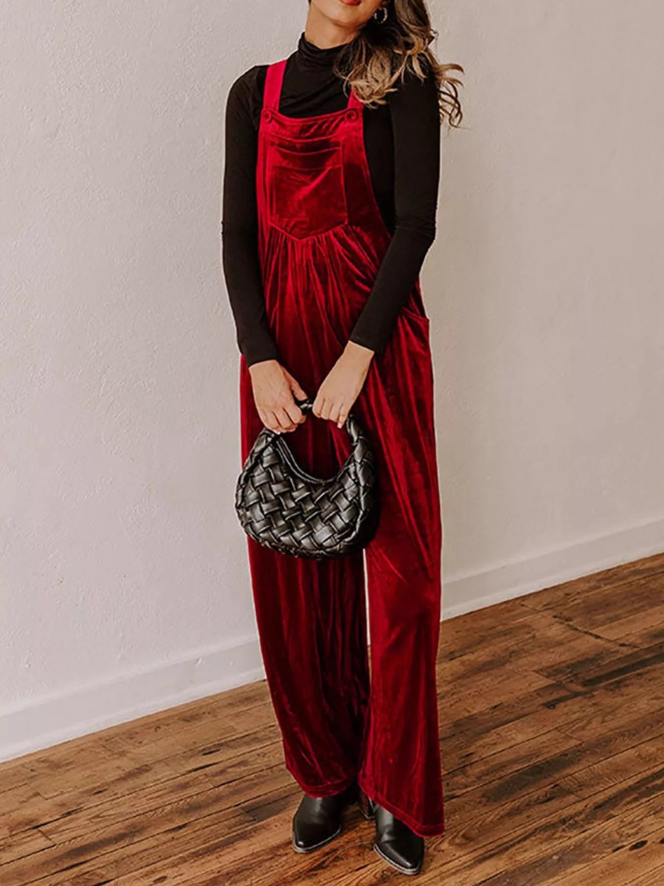 Velvet Wide Leg Overalls in Burgundy for Women