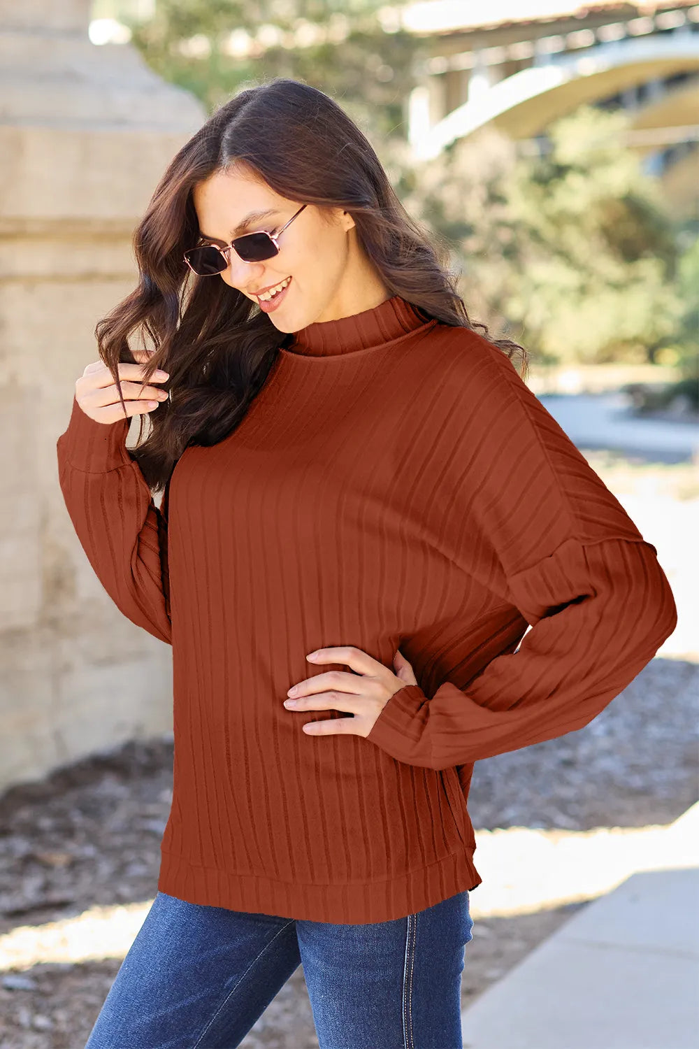 Plus Size Ribbed Exposed Seam Mock Neck Knit Top in Turquoise for Women