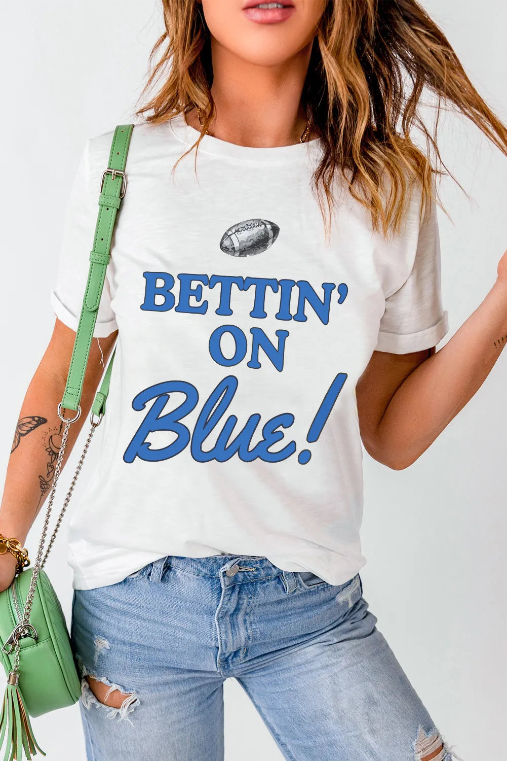 Letter Graphic Round Neck Short Sleeve T-Shirt in Peacock Blue for Women