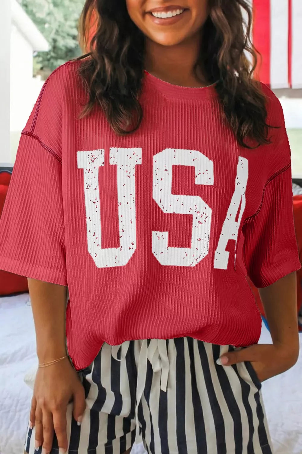 Twisted Rib Vintage USA Letter Printed T-Shirt in Scarlet for Women