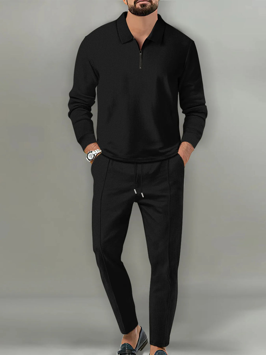 Long Sleeve Top and Pants Set Plus Size in Black for Men