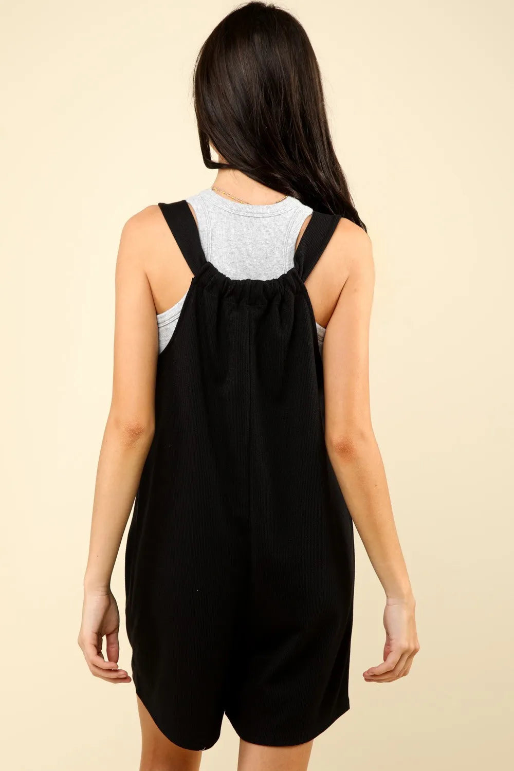Tie Shoulder Front Pocket Romper in Black for Women