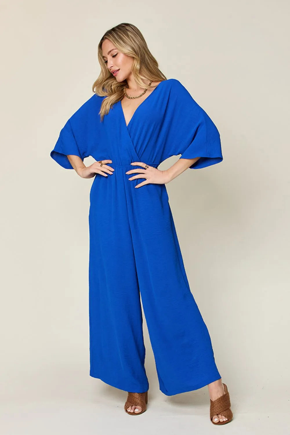 Plus Size Surplice Wide Leg Jumpsuit with Pockets in Royal Blue for Women