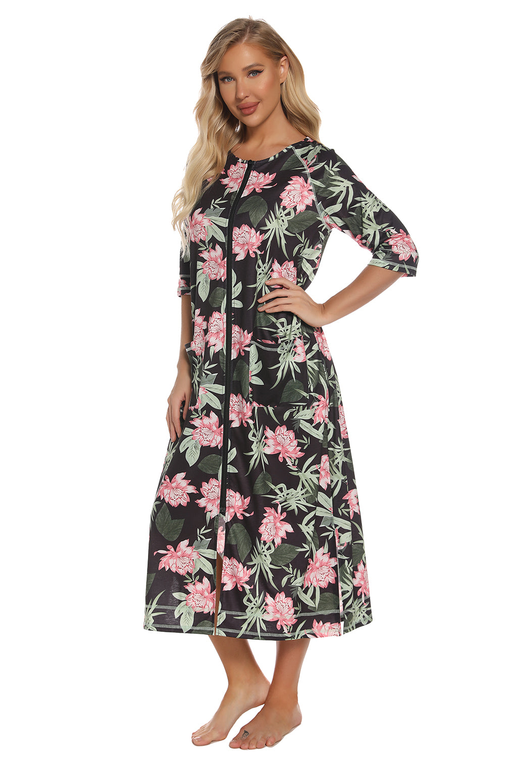 Printed Slit Night Dress with Pockets in Burnt Coral for Women