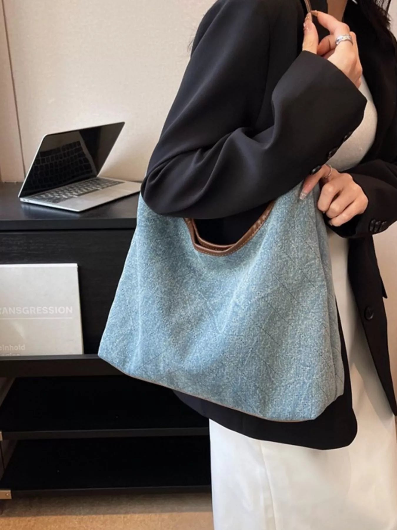Denim Shoulder Bag with Leather Trim for Women