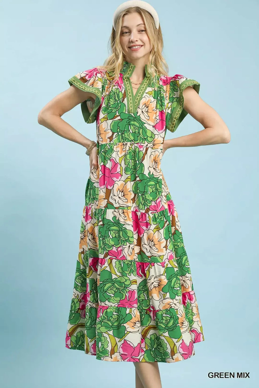 Mix Bold Floral Tiered Midi Dress in Green Mix for Women