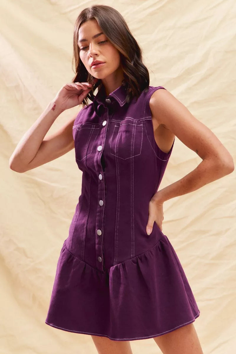 Button Down Sleeveless Collared Game Day Mini Dress in Purple for Women