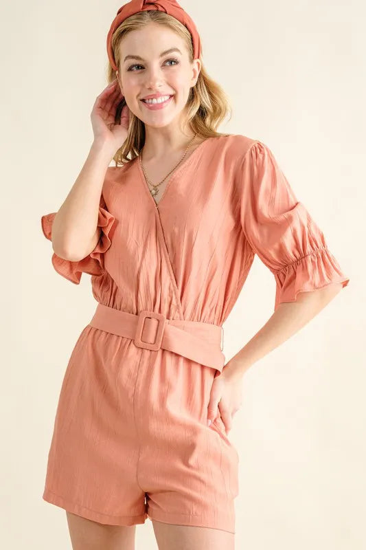 Flounce Sleeves Romper with Belt in Dusty Clay for Women
