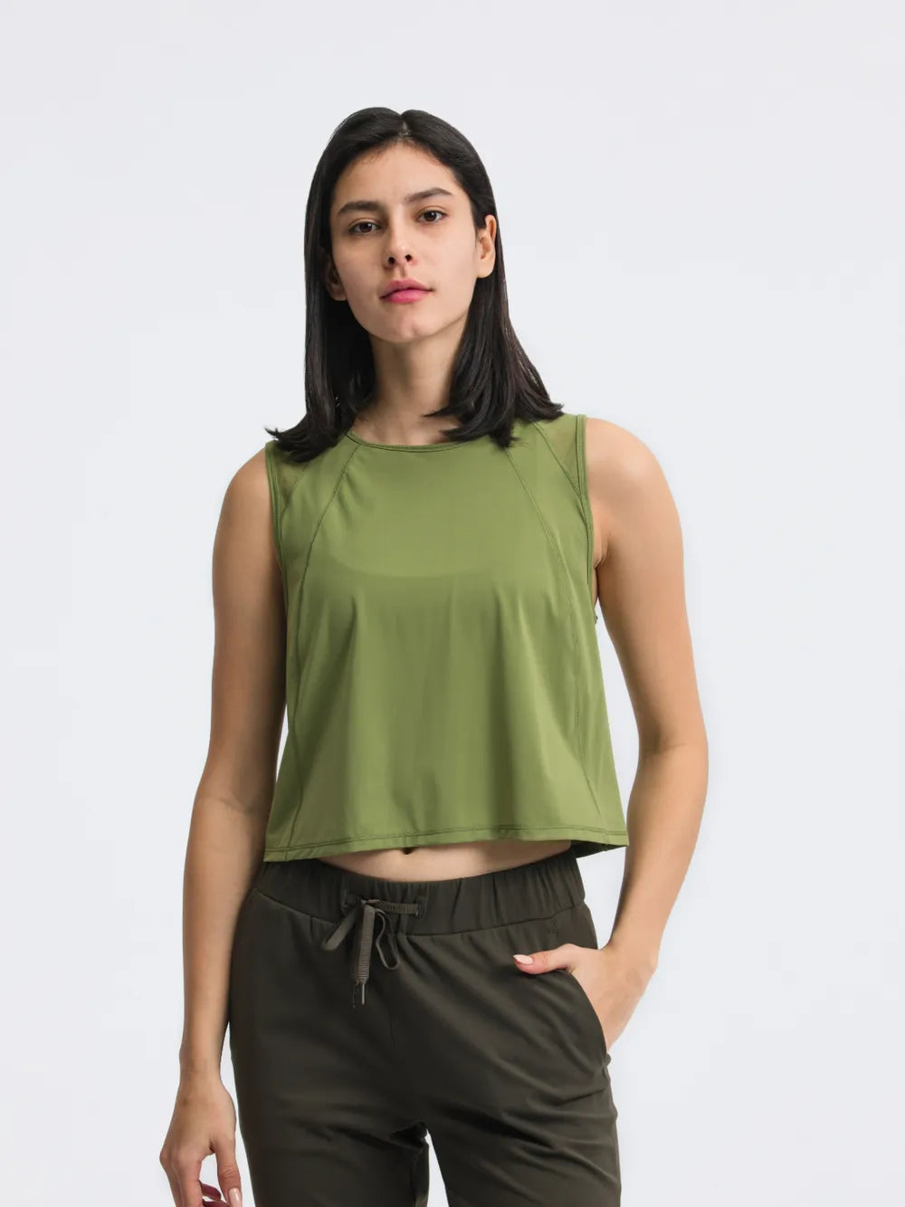 Round Neck Cropped Active Tank in Gold for Women
