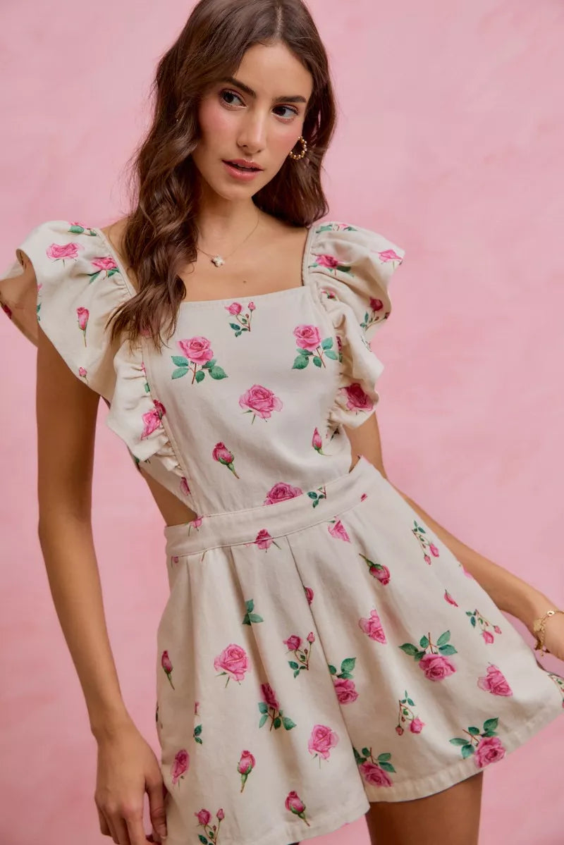 Floral Print Denim Cut Out Waist Ruffled Romper for Women